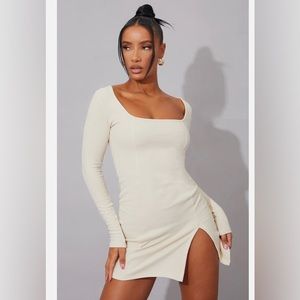Prettylittlething - Cream Rib Split Hem Square Neck Dress